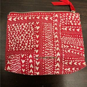 Victoria's Secret Red and White Heart Pattern Canvas Zippered  Cosmetic Bag